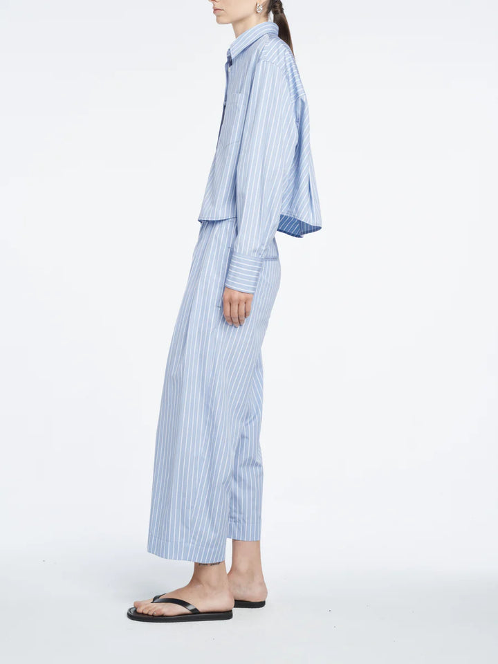 Person wearing a light blue striped shirt and pants on a white background