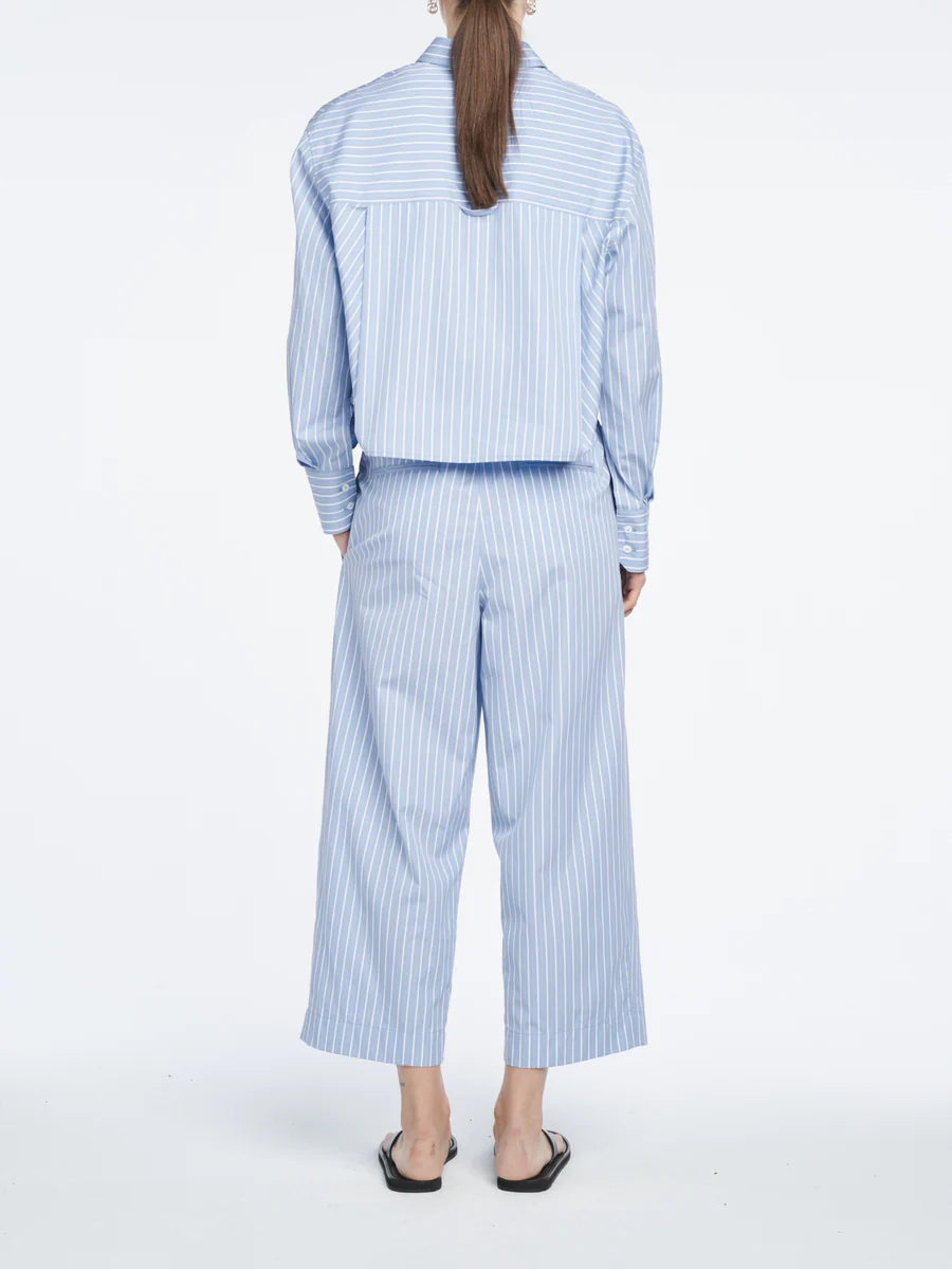 Person wearing a light blue striped shirt and pants on a white background