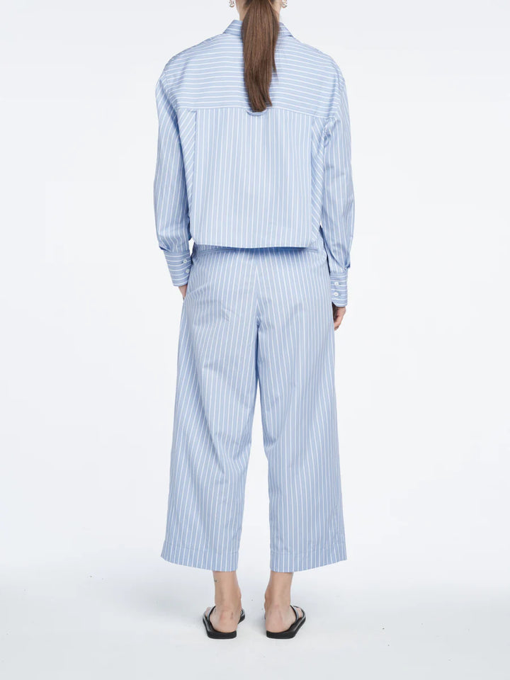 Person wearing a light blue striped shirt and pants on a white background