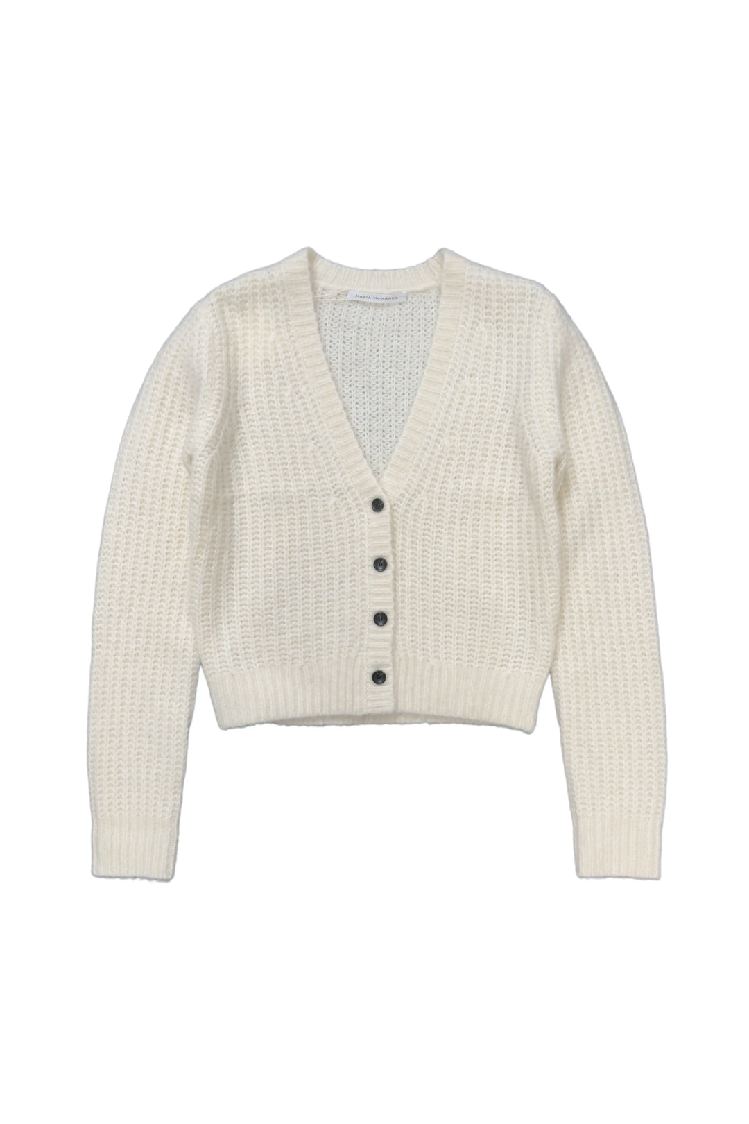Beige cardigan with black buttons on a white background