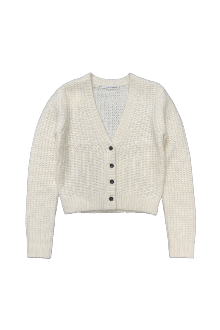 Beige cardigan with black buttons on a white background