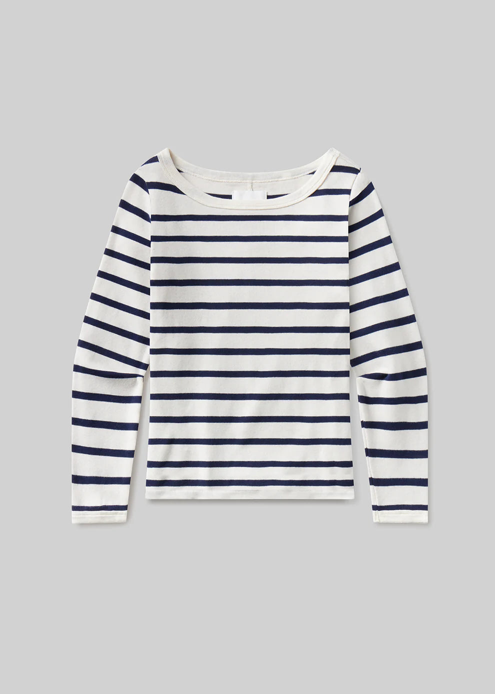 Navy and white striped long-sleeve shirt on a gray background