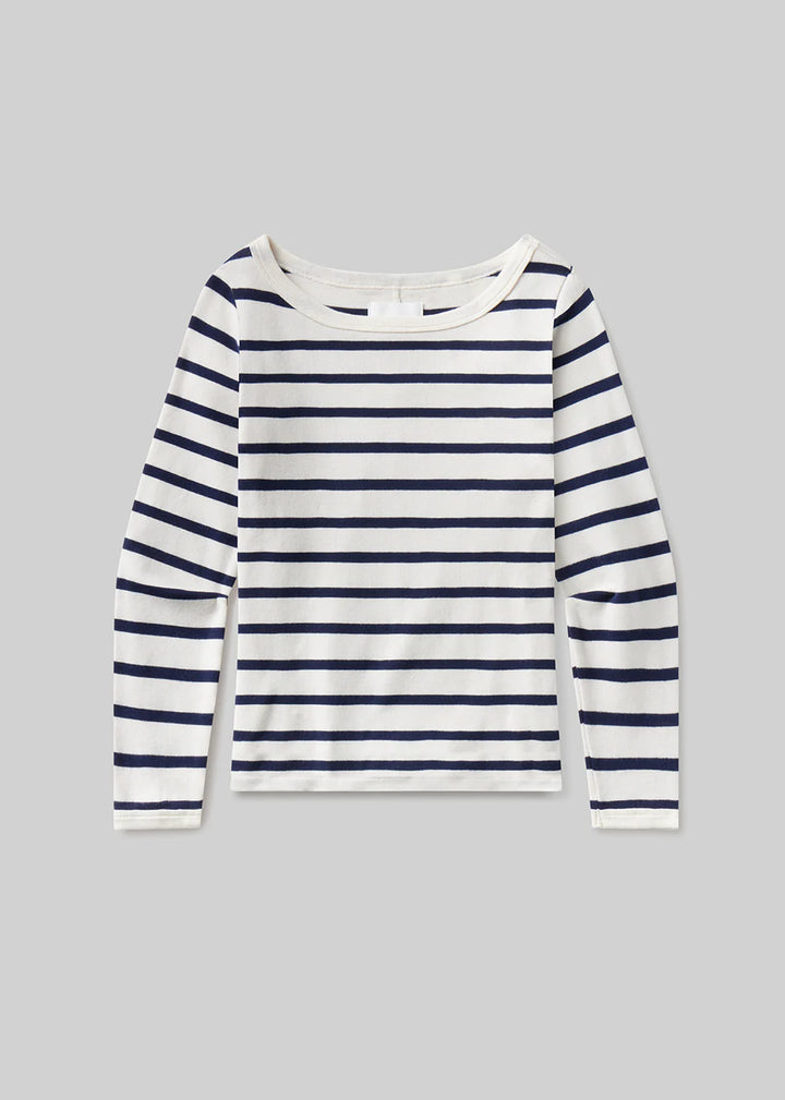 Navy and white striped long-sleeve shirt on a gray background