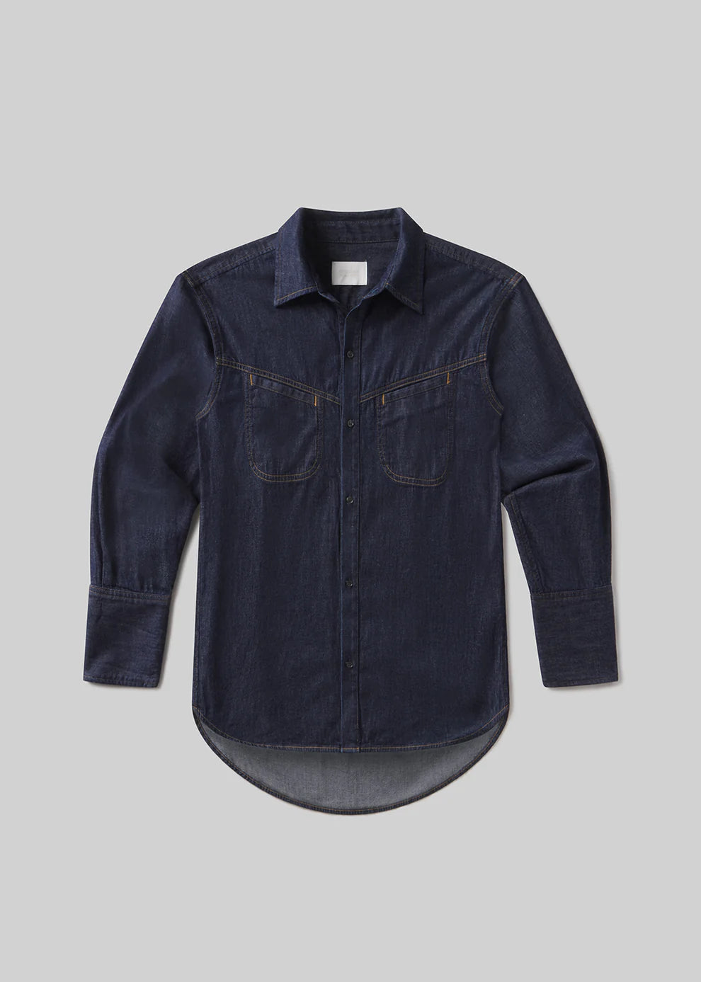 Navy blue denim shirt on a light gray background