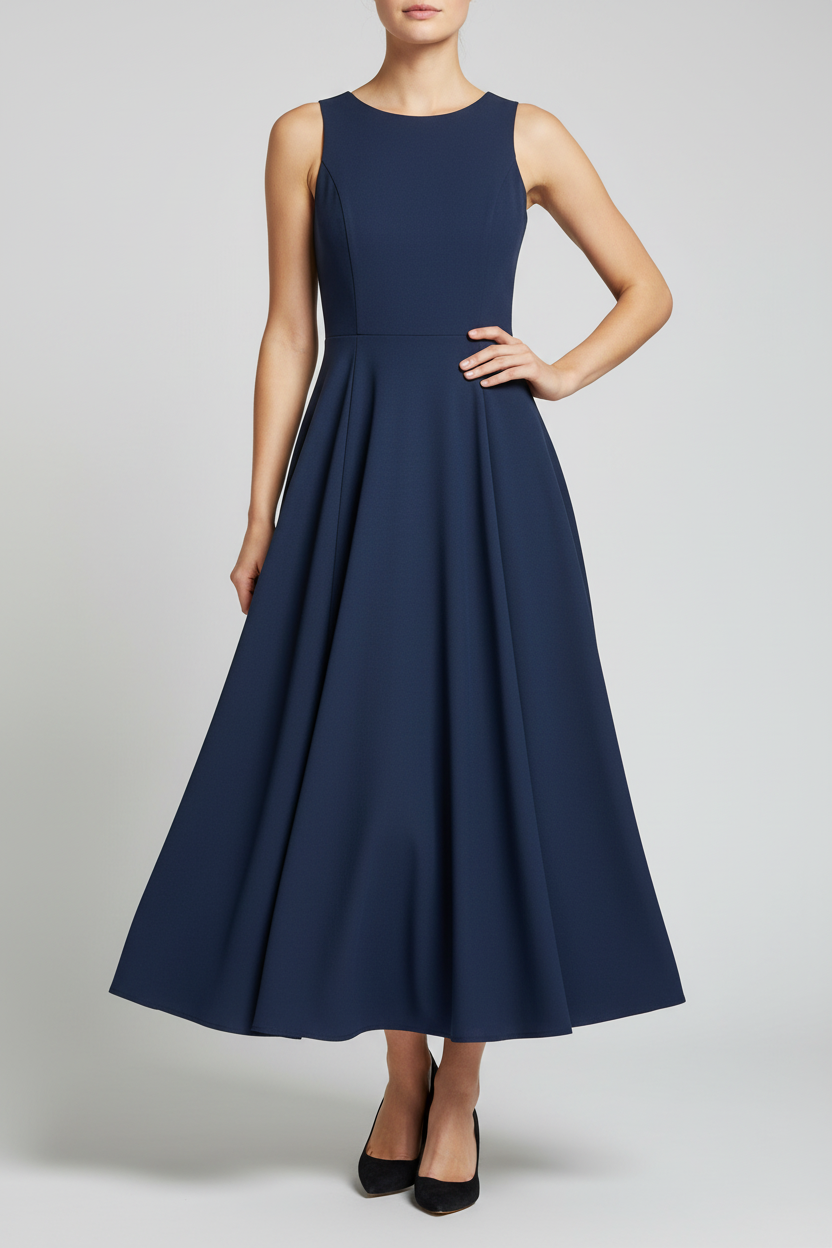 Navy blue dress on a plain background