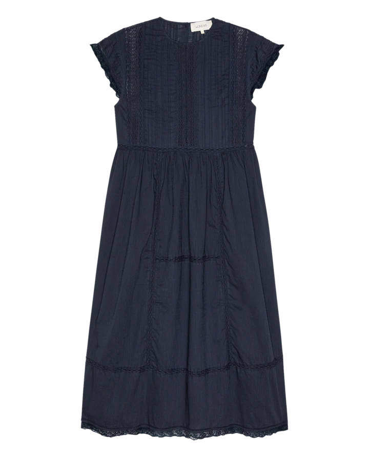 navy blue dress with white lace trim Amanda Lace Trim Maxi Dress in Navy