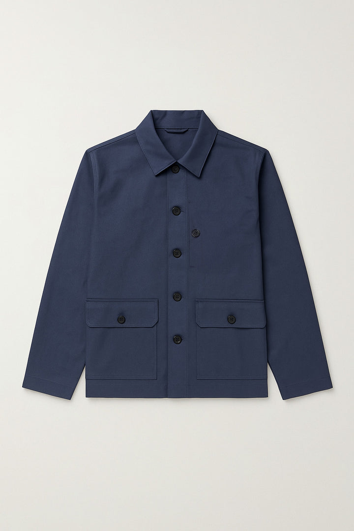Navy blue jacket with button details on a light gray background