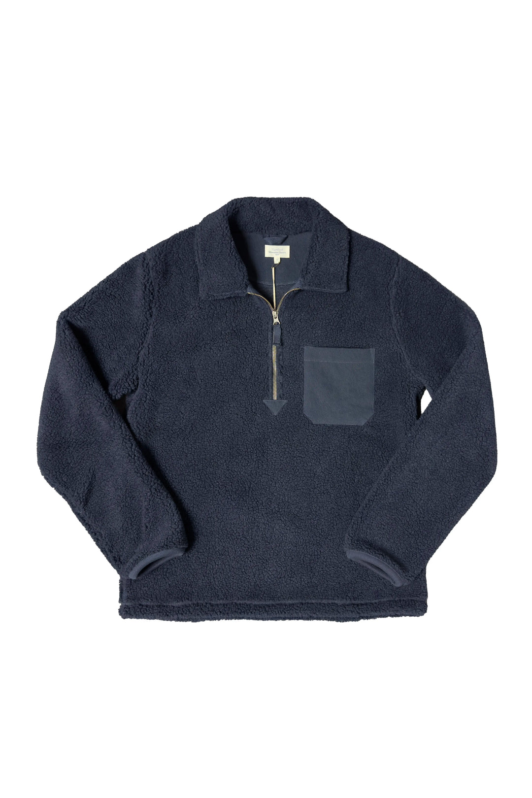 Navy blue pullover with a quarter zip and pocket on a white background