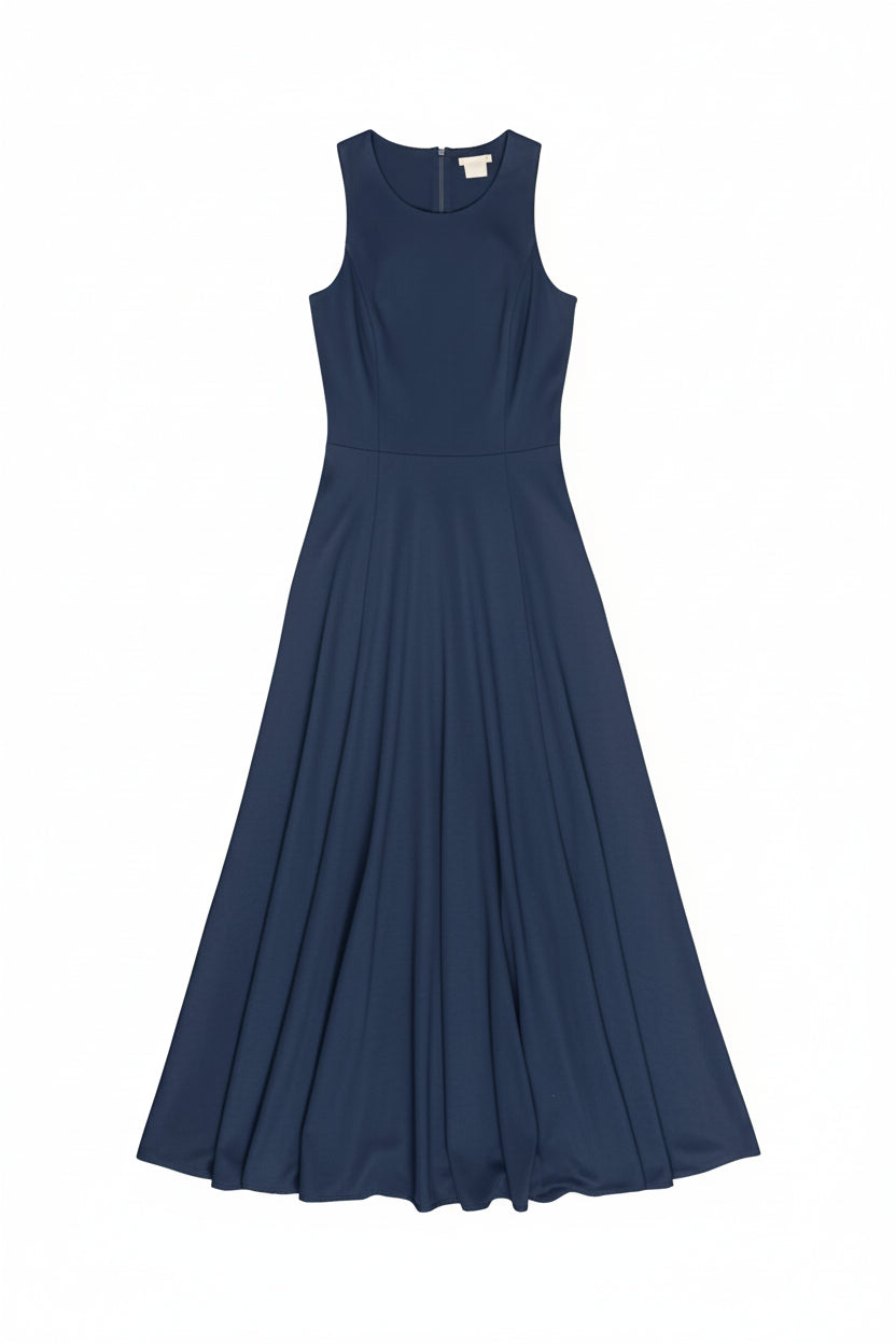Navy blue sleeveless dress on a white background