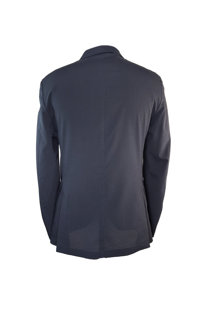 Navy blue textured blazer on a white background