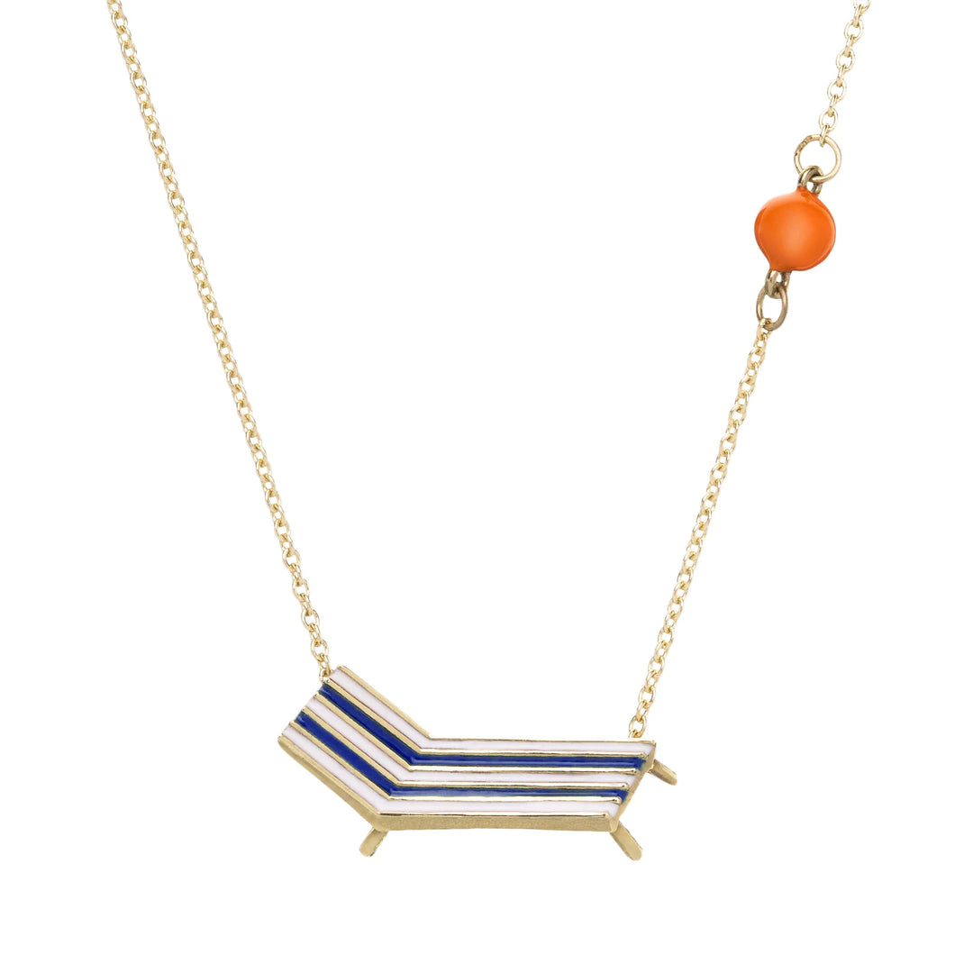Necklace with a geometric pendant featuring blue and white stripes on a gold chain.