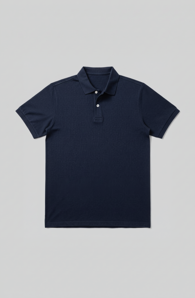 Navy blue polo shirt on a light gray background