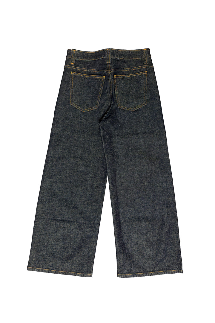 Pair of dark blue jeans on a white background