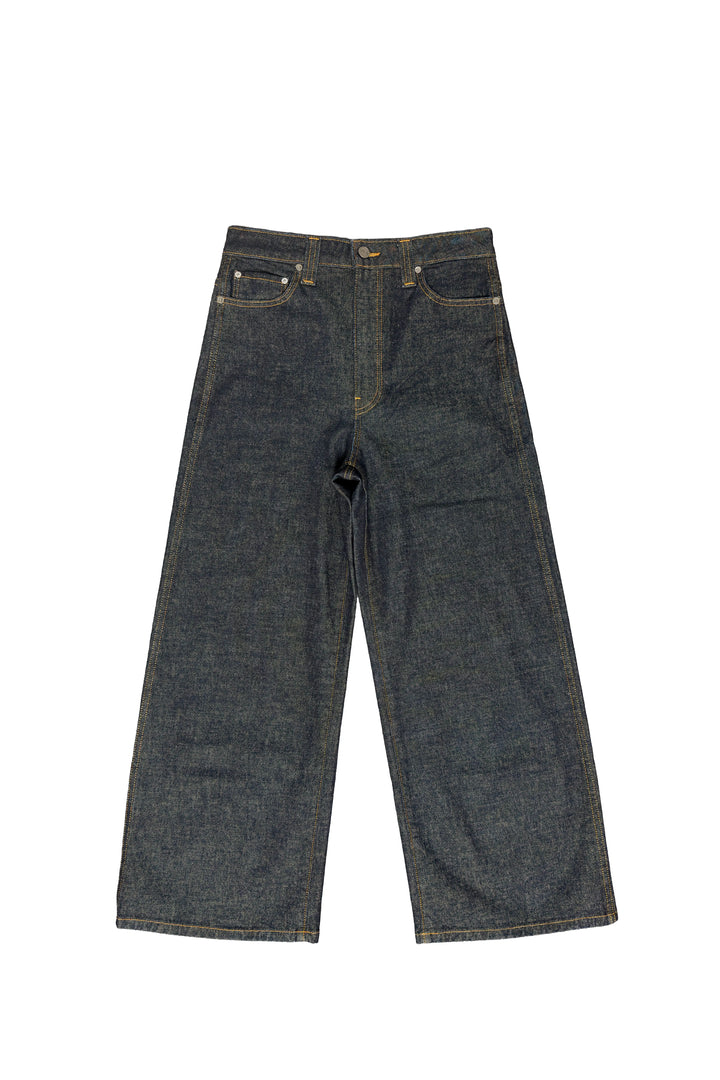 Pair of dark blue jeans on a white background