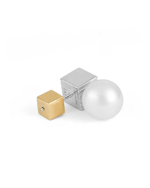 Pair of earrings with a gold cube and silver sphere on a white background