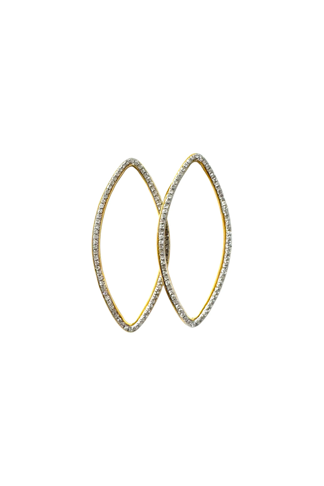 Pair of gold hoop earrings with clear gemstones on a white background