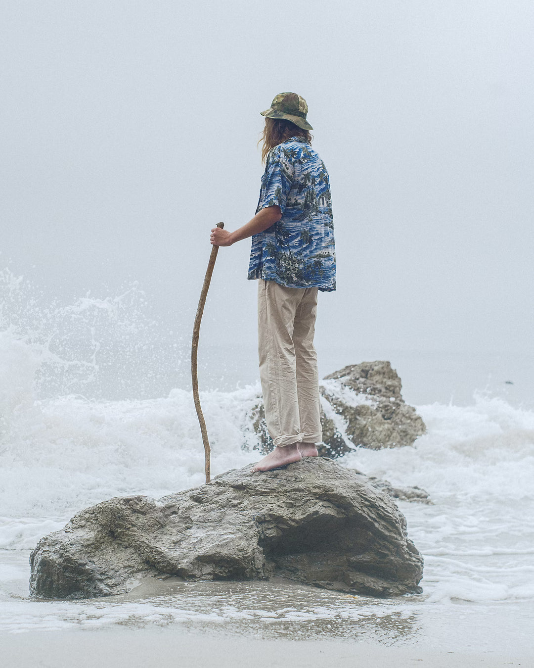 Person standing on a rock in a snowy landscape holding a walking stick.