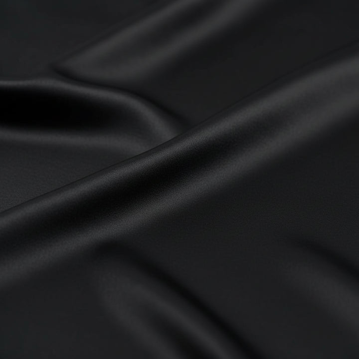 Person wearing a black outfit with a high collar and wide-leg pants on a white background