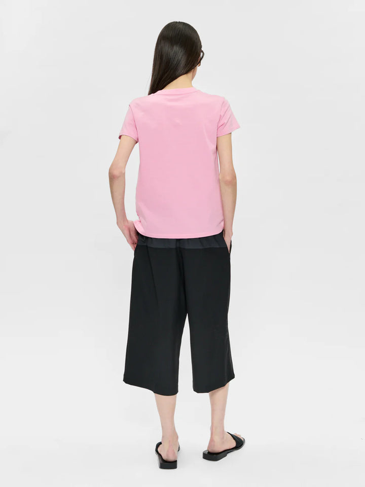 Person wearing a pink t-shirt and black pants on a white background