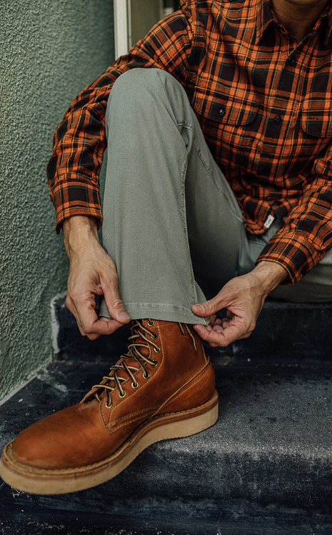 Person wearing a plaid shirt and brown boots sitting on a step.