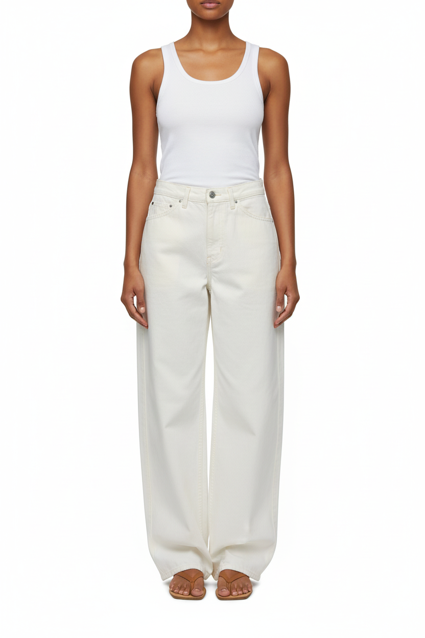 Person wearing a white tank top and cream-colored wide-leg jeans on a white background