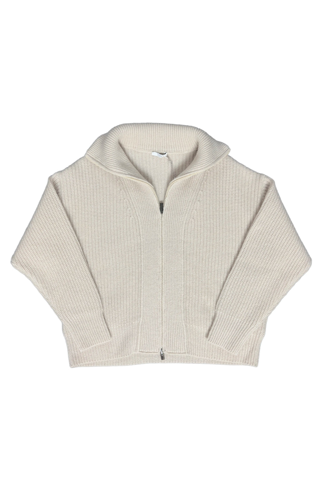 Beige ribbed knit sweater with a hood on a white background