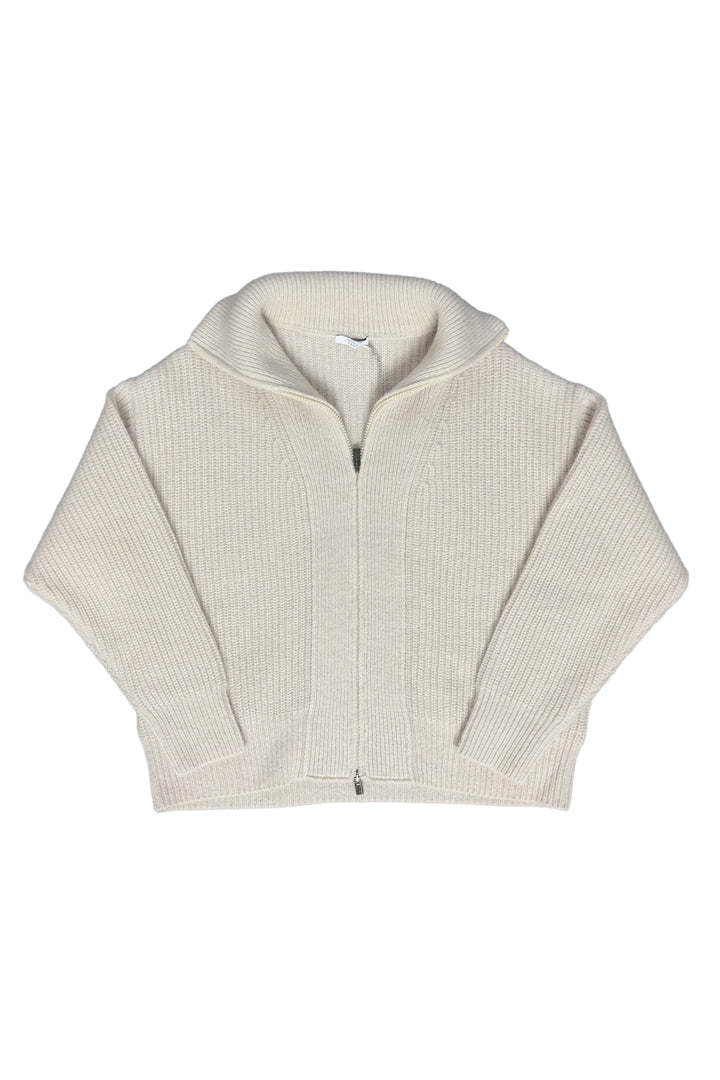 Beige ribbed knit sweater with a hood on a white background