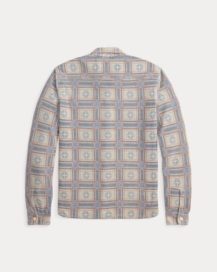 Plaid shirt with a geometric pattern on a white background