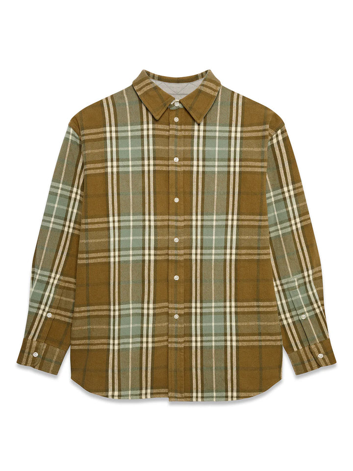 Plaid shirt with brown, green, and beige pattern on a white background