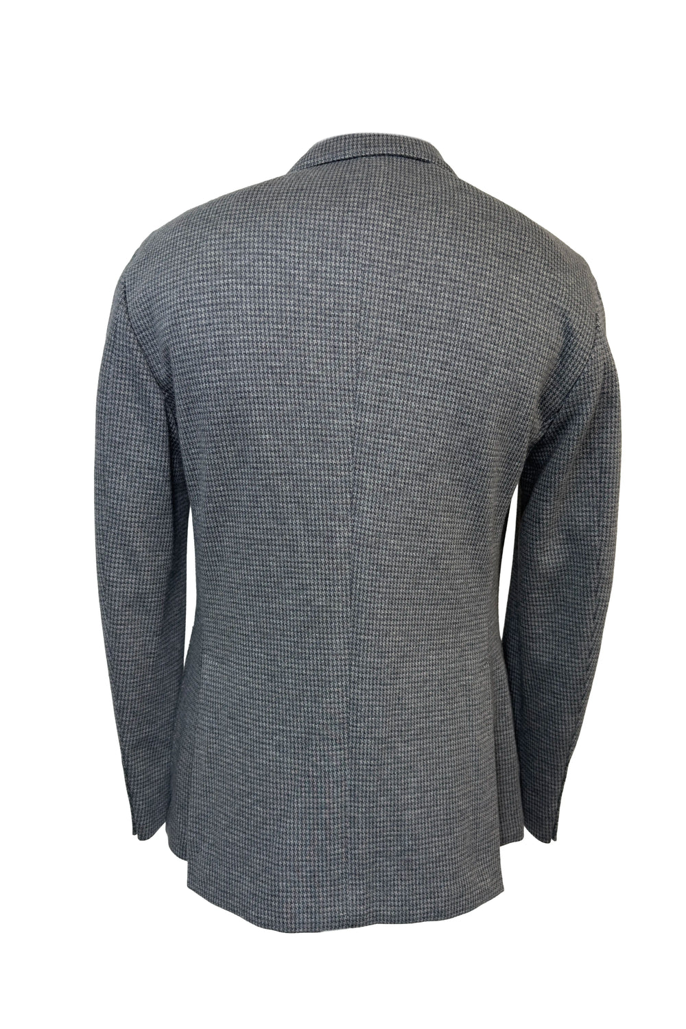 A gray and black micro-check patterned blazer shown from the back, photographed against a solid white background.