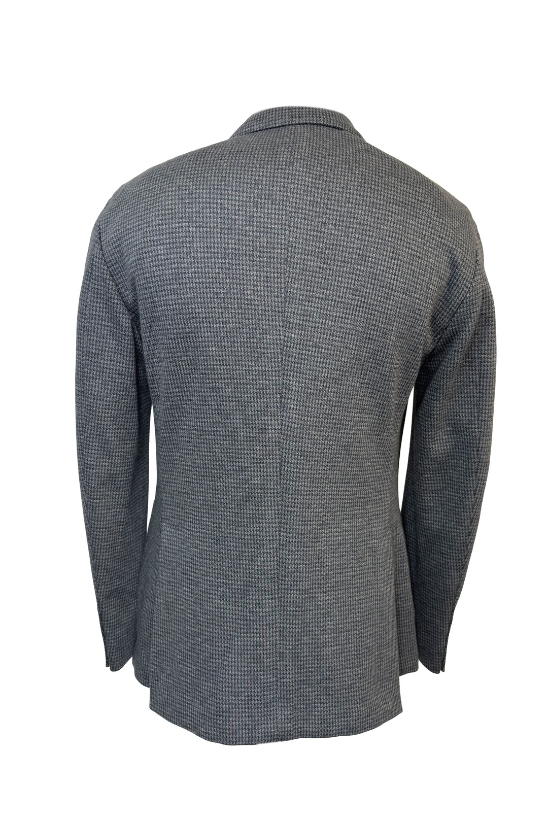 A gray and black micro-check patterned blazer shown from the back, photographed against a solid white background.