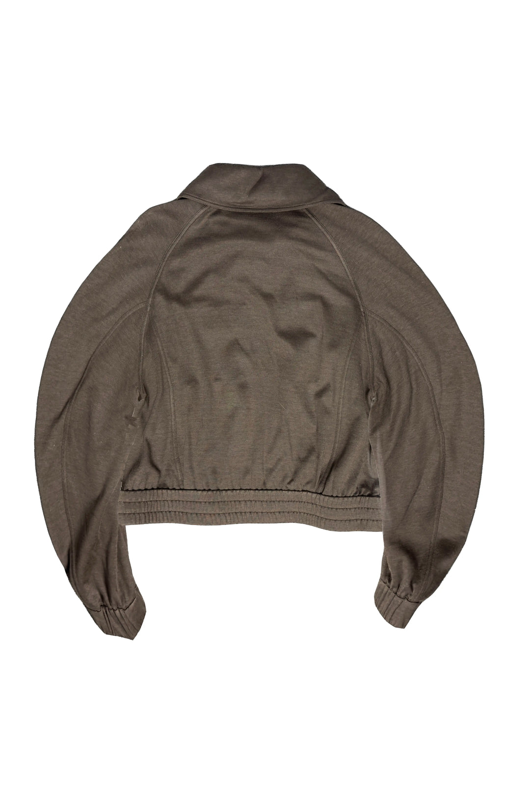 A cropped, long-sleeve bomber jacket in a muted olive-brown color, shown from the back against a plain white background.