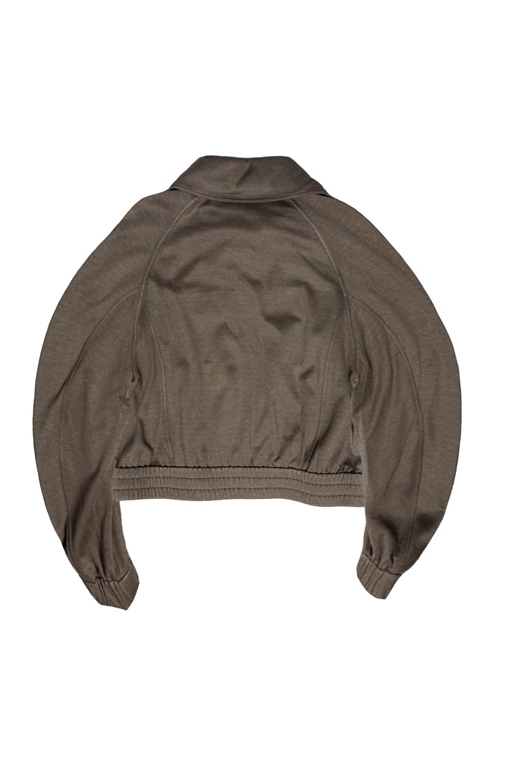 A cropped, long-sleeve bomber jacket in a muted olive-brown color, shown from the back against a plain white background.