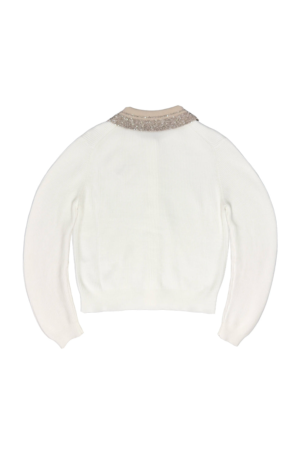 White sweater with a patterned collar on a white background