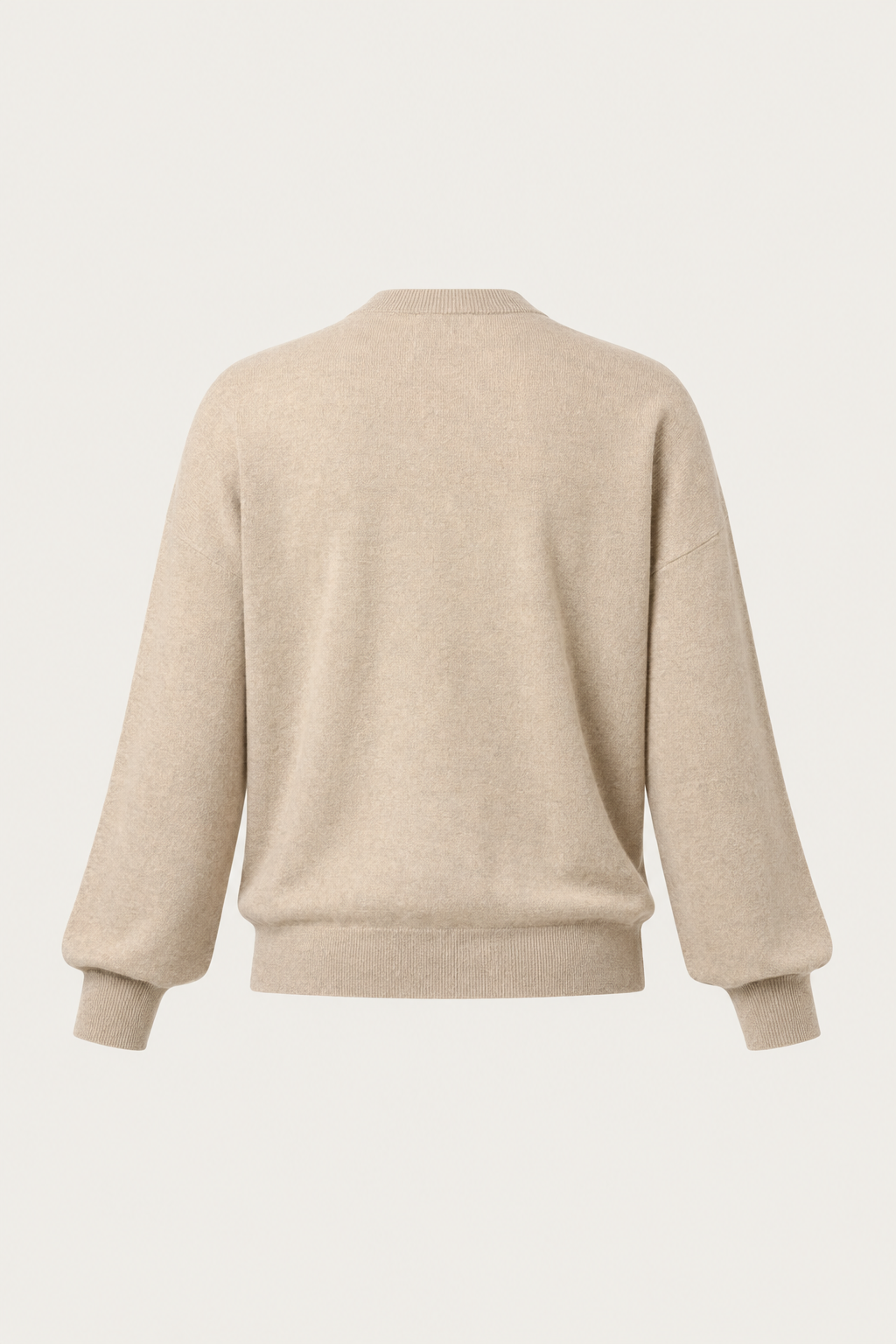 A light beige knit sweater shown from the back, featuring a crew neck, long sleeves with ribbed cuffs, and a ribbed hem, displayed against a solid off-white background.