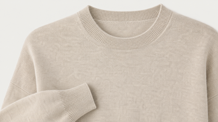 Close-up of a light beige crewneck sweater showing the ribbed collar and sleeve cuff against a plain light background.