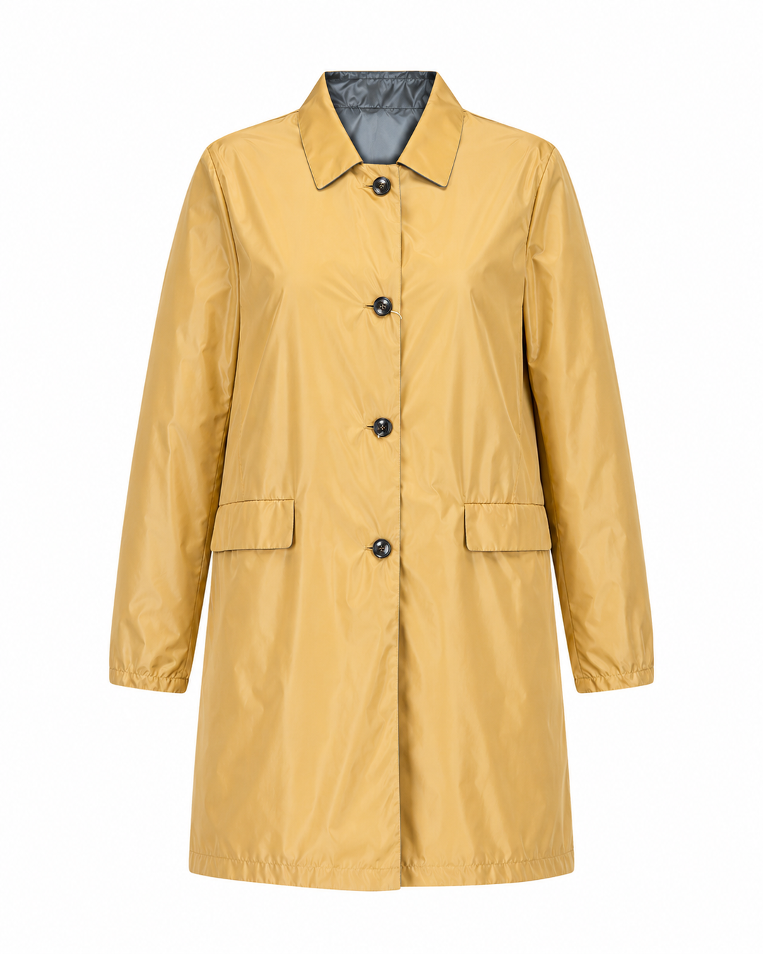 A mustard yellow raincoat with a collar, front button closure, and two front flap pockets, shown on a plain white background.