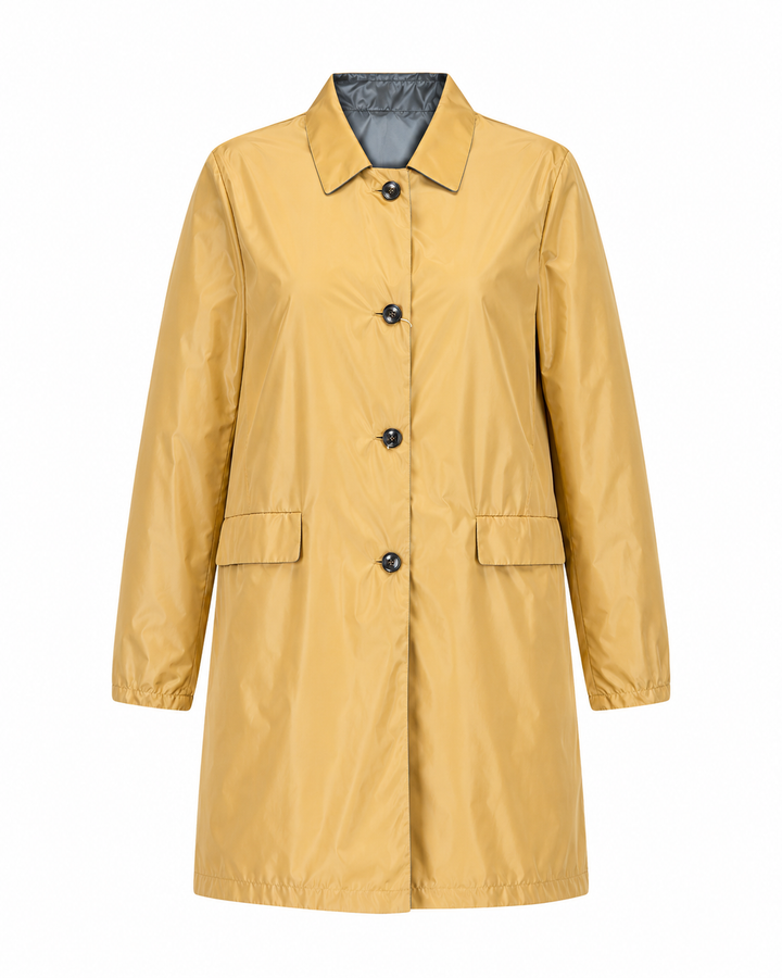 A mustard yellow raincoat with a collar, front button closure, and two front flap pockets, shown on a plain white background.