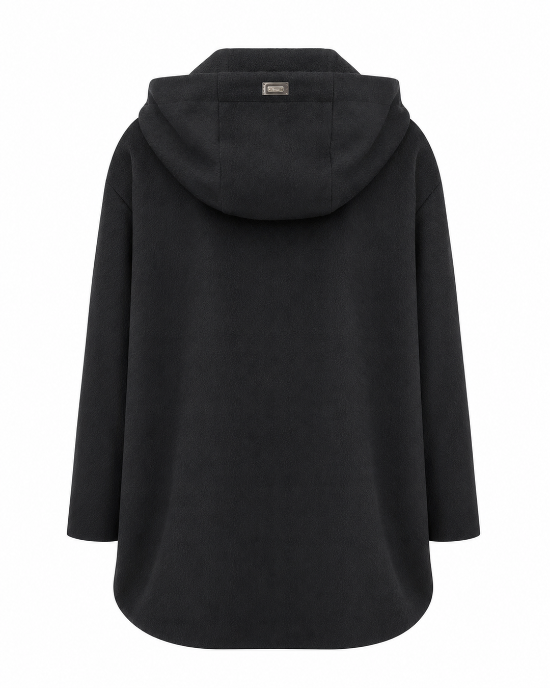 A black hooded jacket shown from the back, featuring a relaxed, oversized silhouette with long sleeves and a curved hem, photographed against a solid white background.