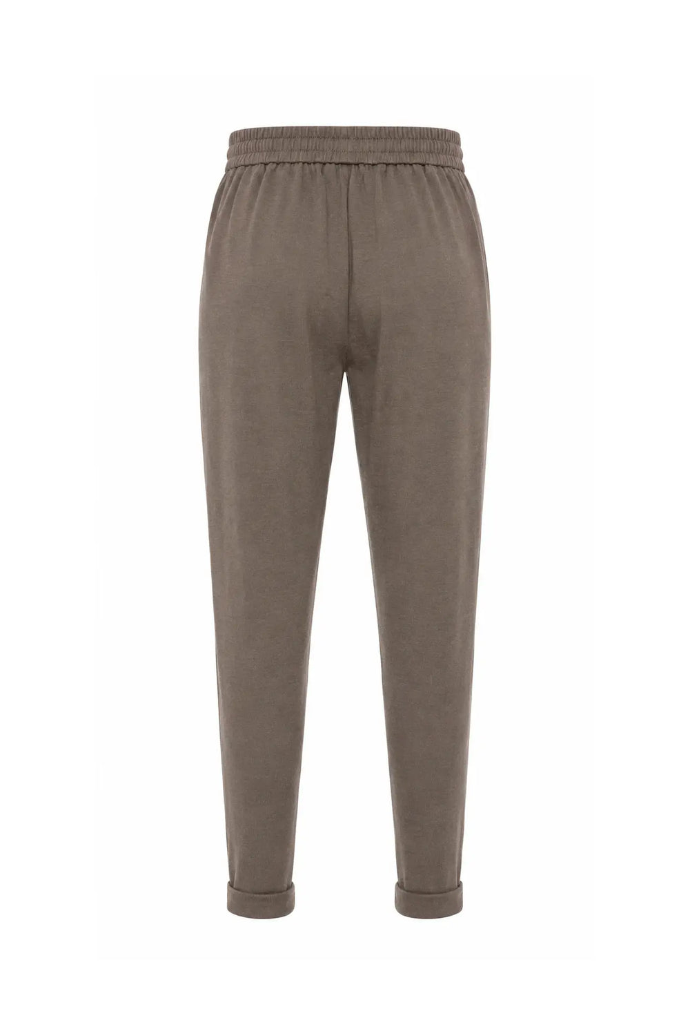 A pair of relaxed-fit jogger pants in a muted taupe-brown color, shown from the back against a plain white background.