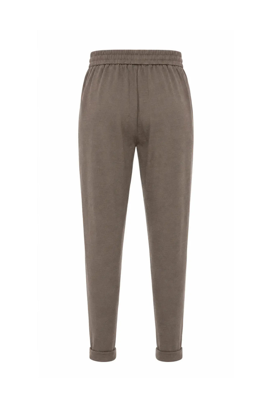 A pair of relaxed-fit jogger pants in a muted taupe-brown color, shown from the back against a plain white background.