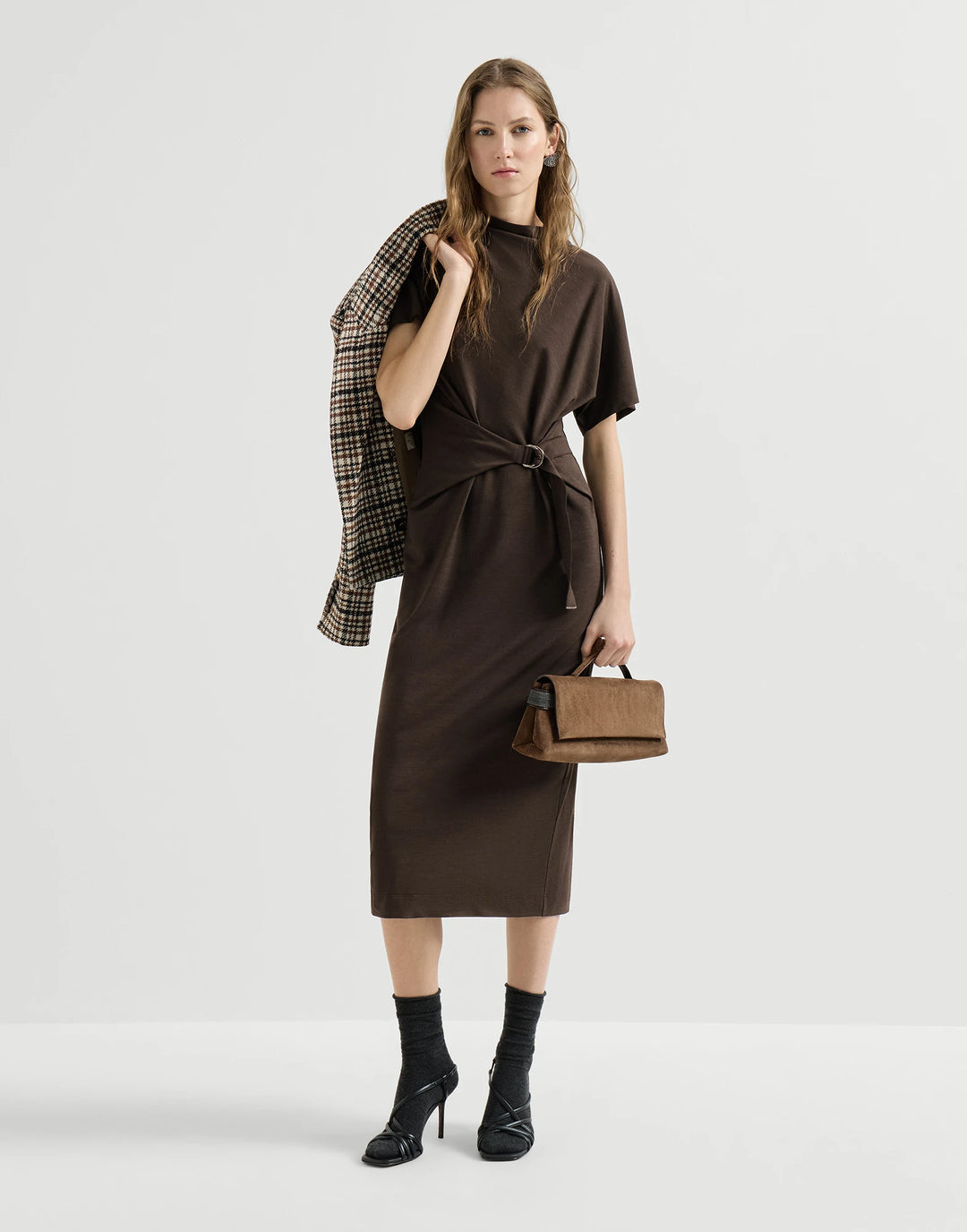 Brunello Cucinelli Women's Techno Wool Jersey Wrap Belt Dress with Monili - Coffee
