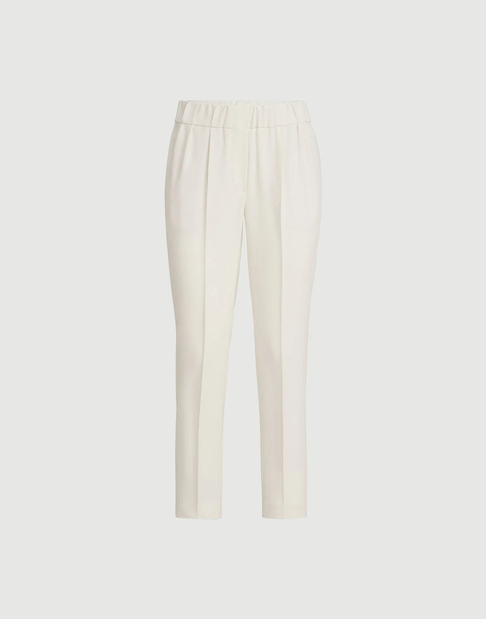 A pair of off-white cropped trousers with a gathered elastic waistband, displayed on a neutral light gray background.