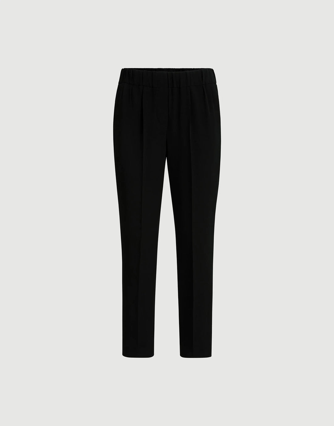 Black trousers with a pleated front and straight-leg fit, shown flat against a light gray background.