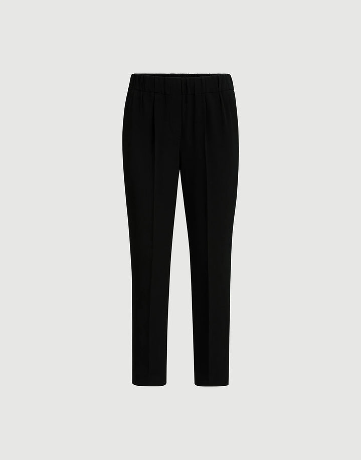 Black trousers with a pleated front and straight-leg fit, shown flat against a light gray background.