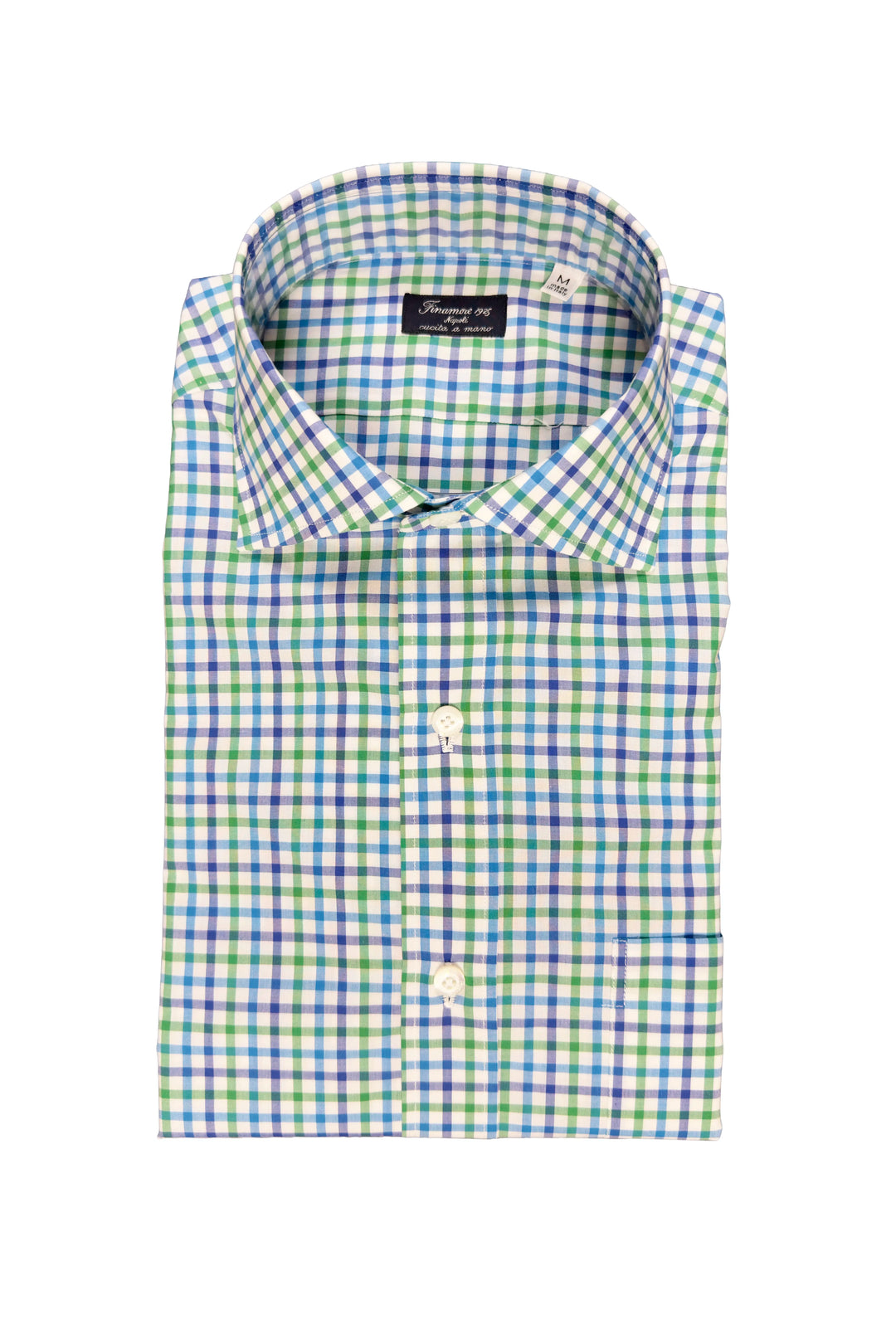 Green and blue checkered dress shirt on a white background