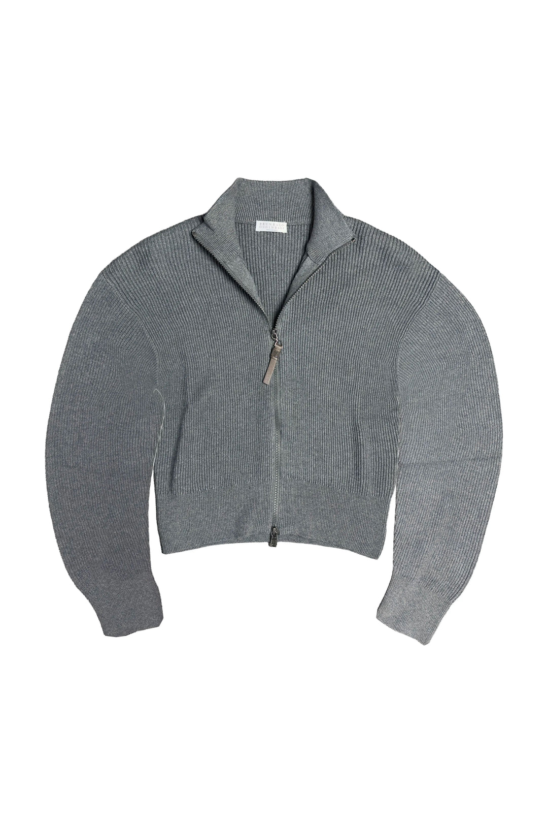 A gray ribbed knit zip-up sweater with a mock neck collar, displayed flat against a solid white background.