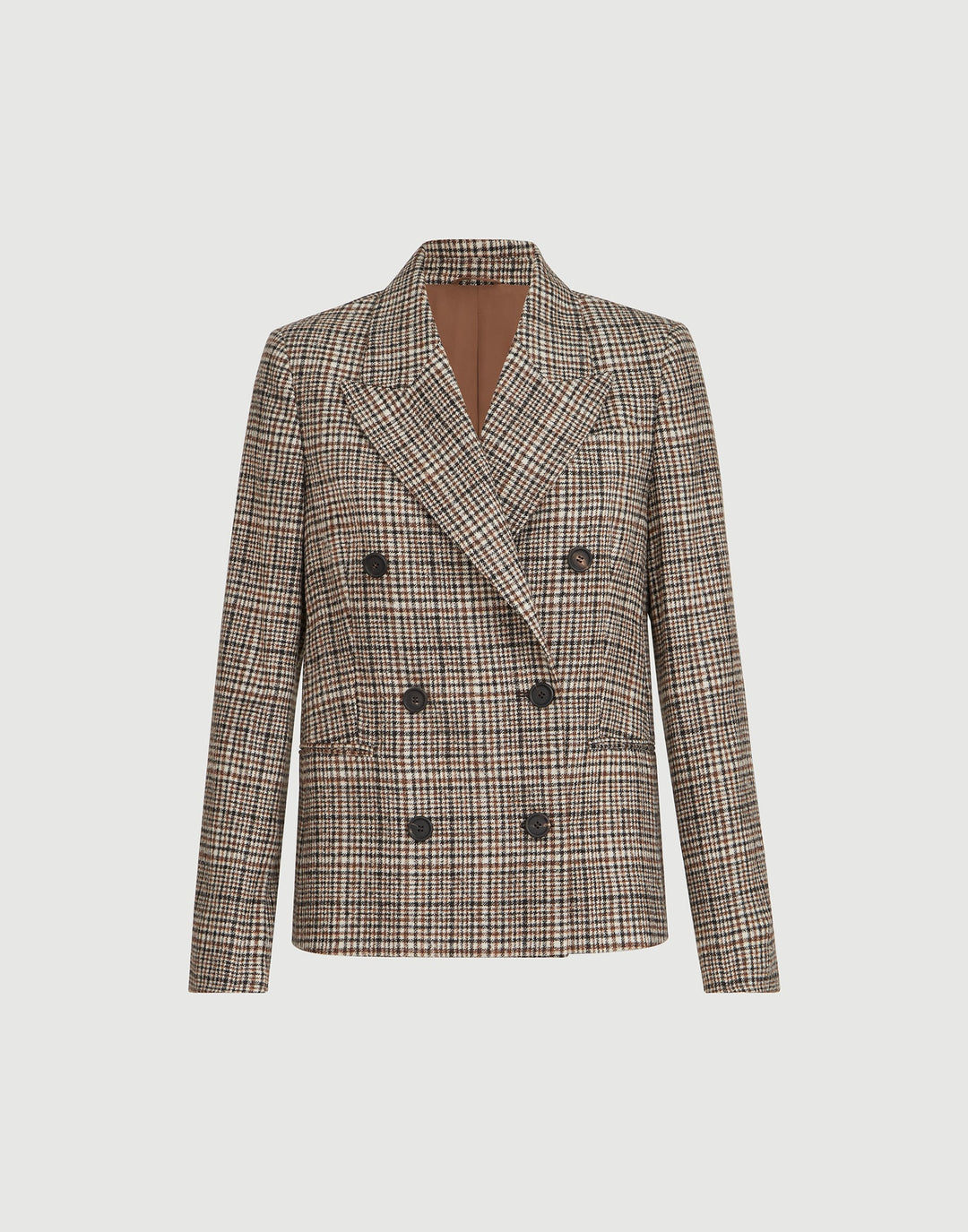 A double-breasted plaid blazer in beige, brown, and black, shown on a neutral light gray background.