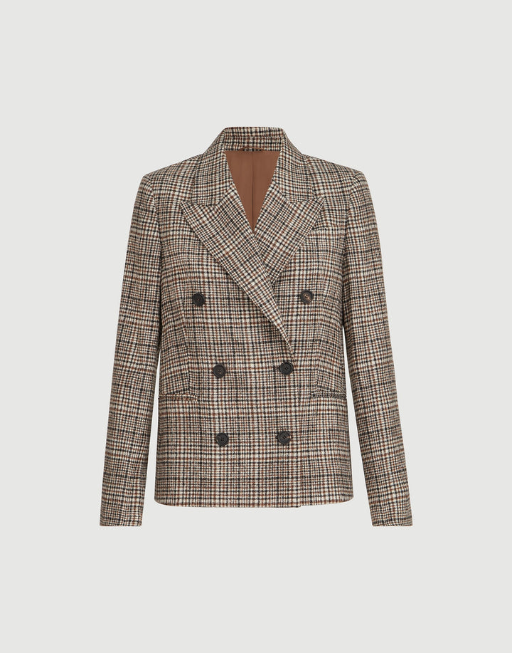 A double-breasted plaid blazer in beige, brown, and black, shown on a neutral light gray background.