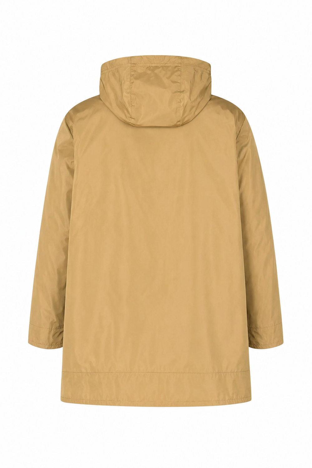 A tan hooded jacket shown from the back, photographed against a solid white background.